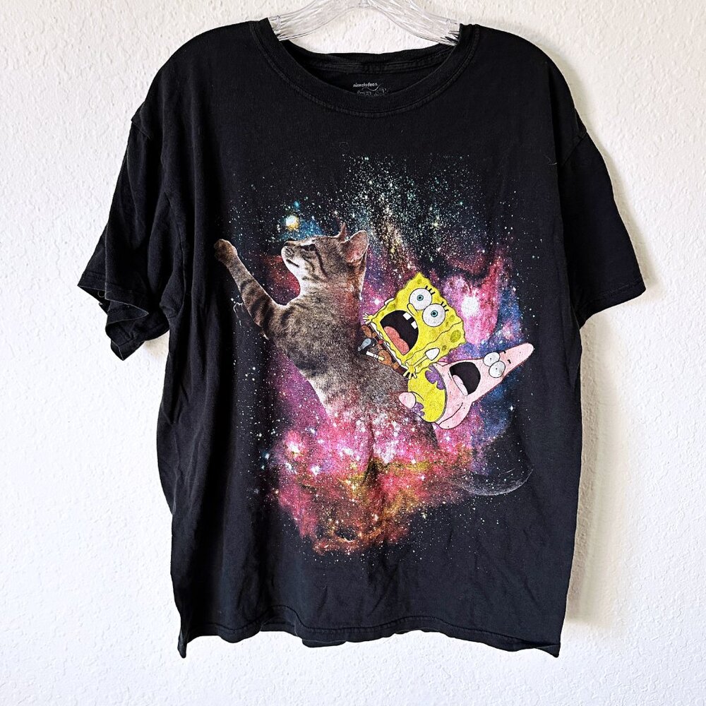 Spongebob Squarepants & Patrick Cat in Space Nickelodeon Adult T-Shirt L